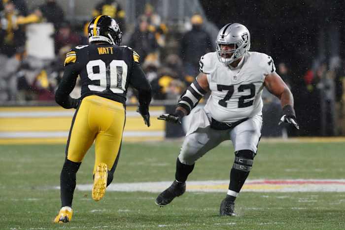 Dec 24, 2022; Pittsburgh, Pennsylvania, USA; Las Vegas Raiders guard Jermaine Eluemunor (72) prepares to block at the line of scrimmage against Pittsburgh Steelers linebacker T.J. Watt (90) during the first quarter at Acrisure Stadium. Mandatory Credit: Charles LeClaire-USA TODAY Sports